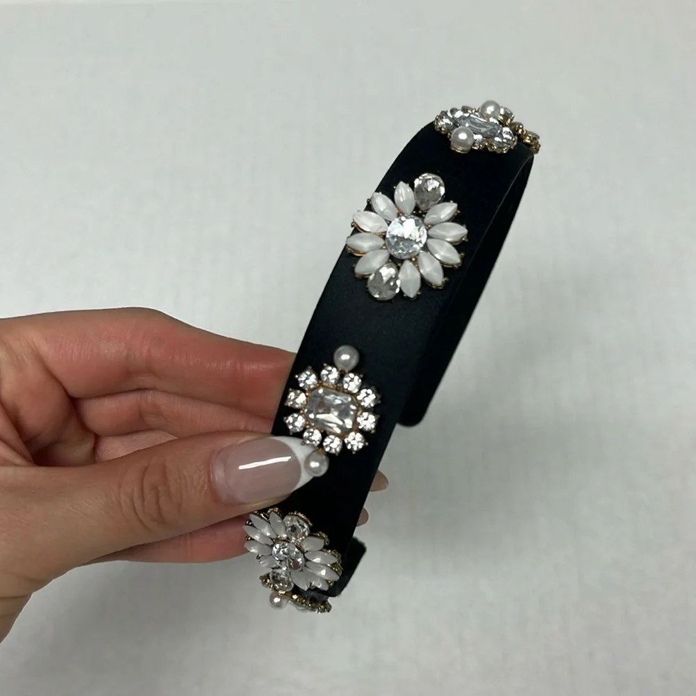 Black Satin Jeweled Embellished faux pearl rhinstones Headband coquette softgirl - Picture 6 of 8